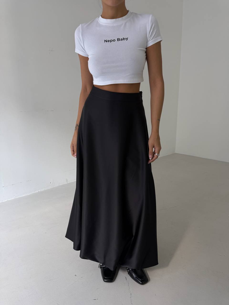 The Whisper Skirt – Black Satin Midi