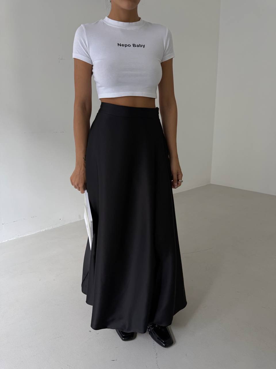 The Whisper Skirt – Black Satin Midi