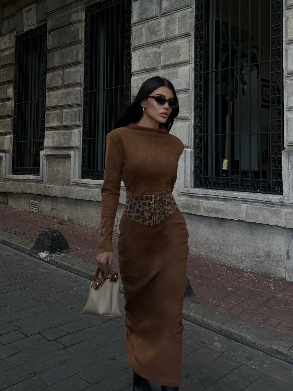 The Daria Suede Dress - Beige & Brown