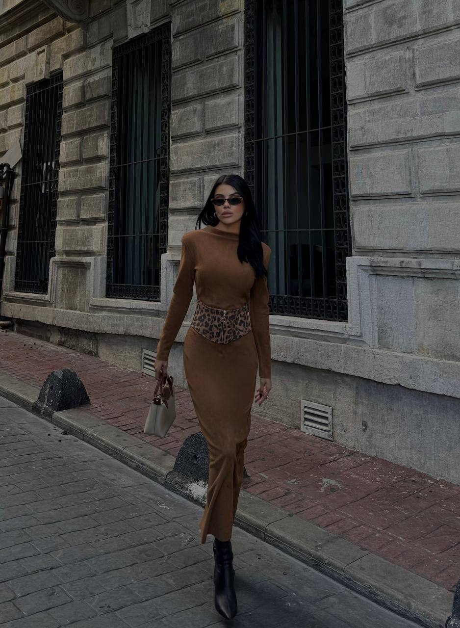 The Daria Suede Dress - Beige & Brown