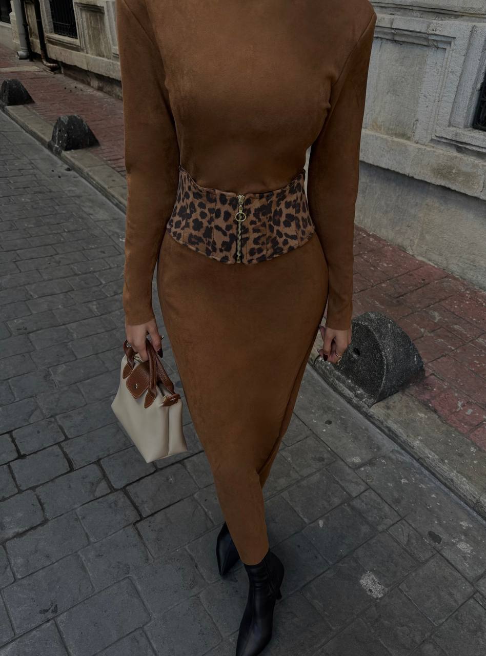 The Daria Suede Dress - Beige & Brown