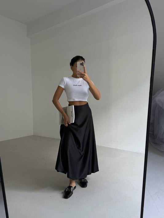 The Whisper Skirt – Black Satin Midi