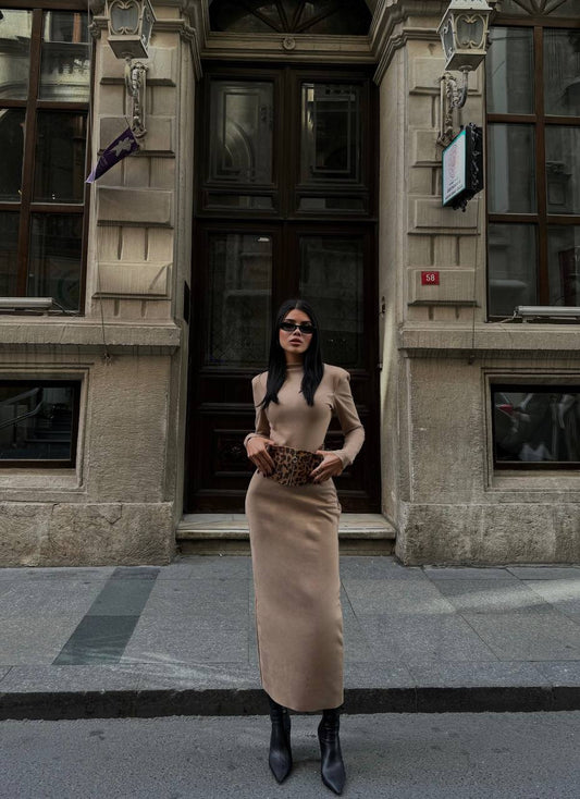 The Daria Suede Dress - Beige & Brown